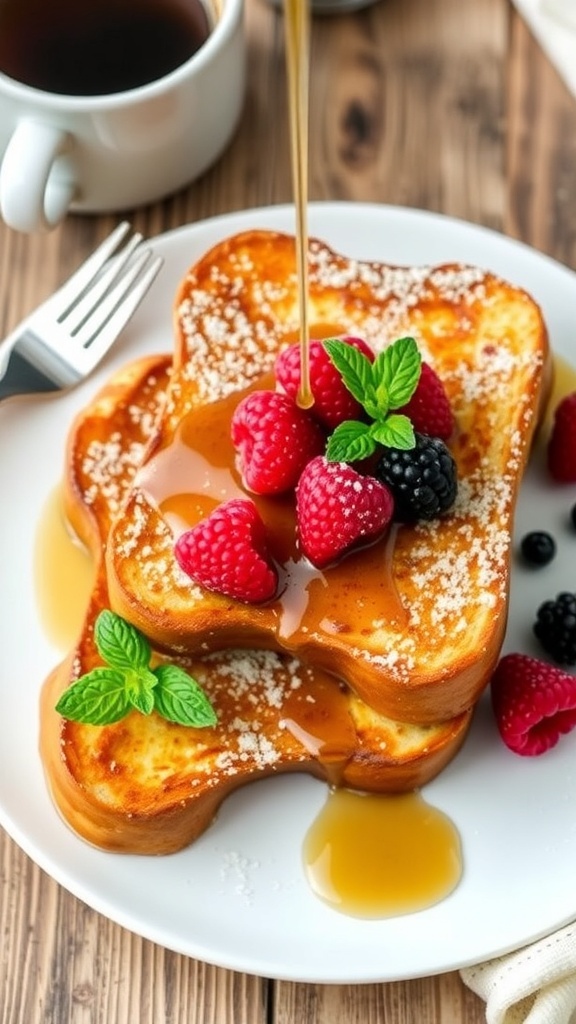Air Fryer French Toast Recipe Golden-brown air fryer French toast topped with powdered sugar and berries on a rustic table.